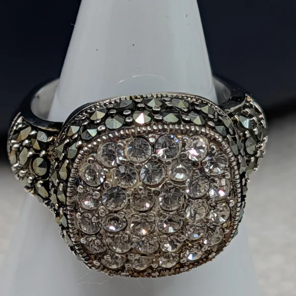 Vintage Sterling Silver 925 CZ Crystal Marcasite Stone Signet Ring Size 5.75 - Picture 14 of 16
